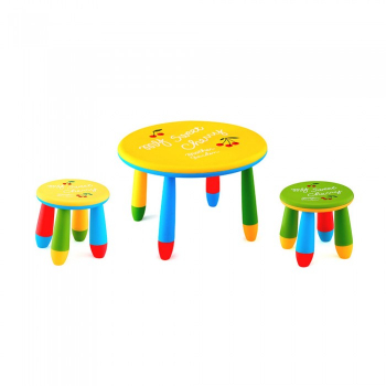 Set mobila copii masa rotunda SLANTE 70 cm culoare galbena cu 2 scaune GOGOASA galben verde 
