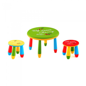 Set mobila copii masa rotunda SLANTE 70 cm culoare verde cu 2 scaune GOGOASA galben rosu 