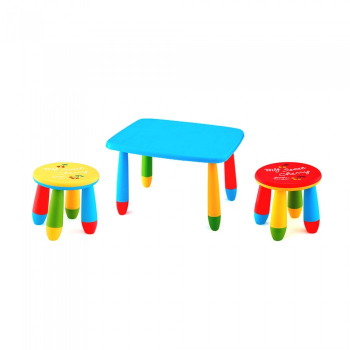 Set mobila copii masa MASHA dreptunghiulara 72 5x57cm culoare albastra cu 2 scaune GOGOASA galben rosu 