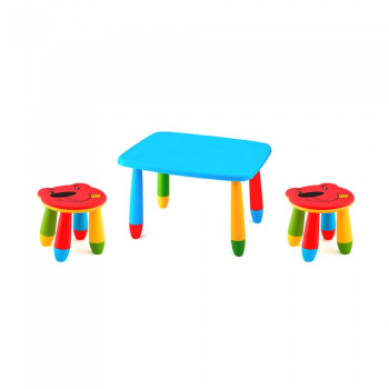 Set mobila copii masa MASHA dreptunghiulara 72 5x57cm culoare albastra cu 2 scaune URSULET rosu 