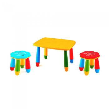 Set mobila copii masa MASHA dreptunghiulara 72 5x57cm culoare galbena cu 2 scaune FLOARE albastru rosu 