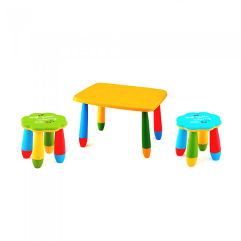 Set mobila copii masa MASHA dreptunghiulara 72 5x57cm culoare galbena cu 2 scaune FLOARE verde albastru 