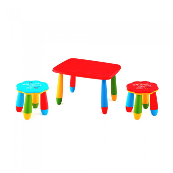 Set mobila copii masa MASHA dreptunghiulara 72 5x57cm culoare rosie cu 2 scaune FLOARE albastru rosu 