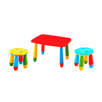 Set mobila copii masa MASHA dreptunghiulara 72 5x57cm culoare rosie cu 2 scaune FLOARE galben albastru