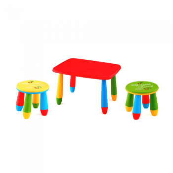 Set mobila copii masa MASHA dreptunghiulara 72 5x57cm culoare rosie cu 2 scaune GOGOASA galben verde 