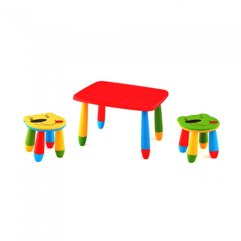 Set mobila copii masa MASHA dreptunghiulara 72 5x57cm culoare rosie cu 2 scaune URSULET galben verde 