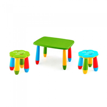 Set mobila copii masa MASHA dreptunghiulara 72 5x57cm culoare verde cu 2 scaune FLOARE verde albastru 