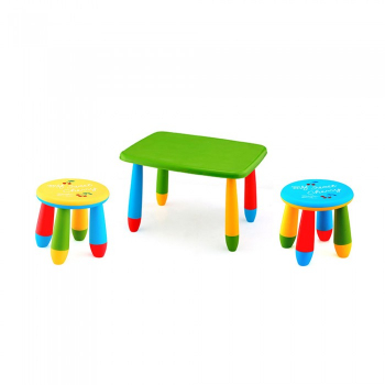 Set mobila copii masa MASHA dreptunghiulara 72 5x57cm culoare verde cu 2 scaune GOGOASA galben albastru 