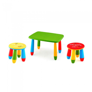 Set mobila copii masa MASHA dreptunghiulara 72 5x57cm culoare verde cu 2 scaune GOGOASA galben rosu 