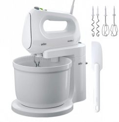 Mixer cu bol Braun HM1070WH 400 W 4 viteze + Turbo Bol 3 L 2 palete 2 carlige pentru aluat spatula Alb