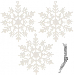 Set decoratini pentru brad tip fulg de nea 3 bucati 10 cm sclipici cu snur alb 