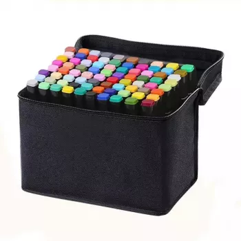 Set 80 De Carioci Multicolor SIKS Cu 2 Capete Marker Cu Cap Dublu Cerneala Pe Baza De Alcool Geanta Neagra Si Suport Din Plastic 