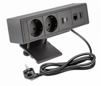Priza pentru birou Bar cu 2 prize Schuko 1 port HDMI 1 port RJ45 1 port incarcare USB de tip A + C finisaj negru 