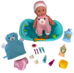 Papusa bebelus 23 cm cu cadita si 14 accesorii baie 