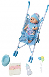 Papusa bebelus 32 cm cu functii 4 accesorii si carucior plastic 
