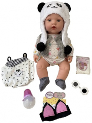 Papusa bebelus cu functii si 5 accesorii costum panda inaltime 40 cm 