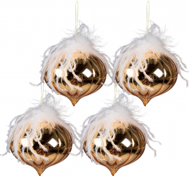 Set 4 globuri sticla aurie pene albe 12x12 cm 