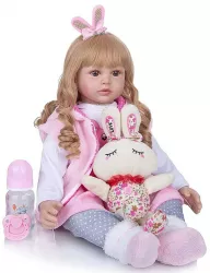 Papusa bebelus inaltime 55 cm aspect realist jucarie iepuras biberon suzeta 3 ani+ 