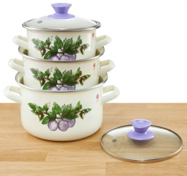 Set 3 oale emailate cu capac 6 piese model clasic prune EMALIA OLKUSZ 