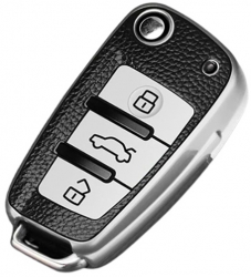 Husa argintiu cu insertii piele pentru cheie briceag Audi A3 8L 8P A4 A6 C5 C6 4F RS3 Q3 Q7 TT 8L 8V S3 