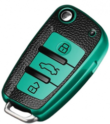 Husa verde cu insertii piele pentru cheie briceag Audi A3 8L 8P A4 B6 B7 B8 A6 C5 C6 4F RS3 Q3 Q7 TT 8L 8V S3