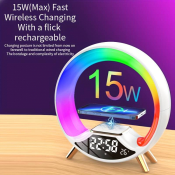 Lampa ambientala inteligenta RGB cu incarcare wireless pentru telefoane difuzor bluetooth si 7 tipuri de lumini ceas alarma APP 