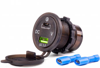 Incarcator auto AMIO rezistent la apa cu voltometru digital USB + USB C 12/24V MOD-07 