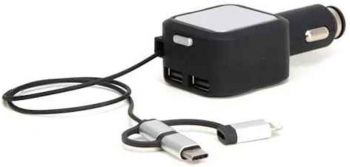 Incarcator auto telefon 3in1 12V-24V 2xUSB 5V 4.8A cu adaptor TypeC MicroUSB Lighting cablu retractabil Streetwize 