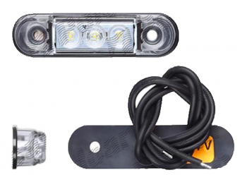 Lampa pozitie gabarit 12/24V cu cablu oval montare surub cu spatiu 45mm 3xLED alb Latime 65 mm Inaltime 17 mm adancime 14 mm 