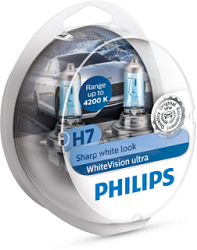 Set 2 becuri auto cu halogen pentru far Philips SHARP White Vision Ultra H7 12V 55W PX26D 12972WVUSM 