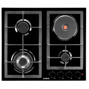 Plita Incorporabila Mixta Samus PSGE-63SB1 3 arzatoare pe gaz + 1 arzator electric 60 cm Email negru 