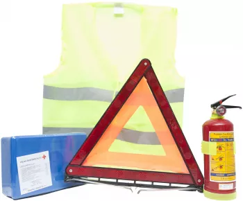 KIT auto obligatoriu omologat include stingator cu pulbere cu manometru P1 cu suport de prindere trusa medicala omologata triunghi refle