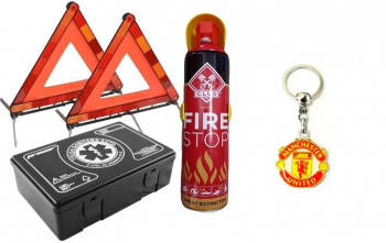 KIT auto obligatoriu Premium Motor Starter - Trusa Medicala 2xTriunghiuri Stingator Tip Spray breloc otel inoxidabil Manchester United 