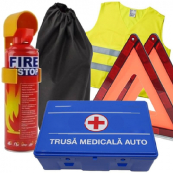 Kit complet siguranta auto IDL omologat R.A.R. valabilitate 5 ani - 1x Trusa prim ajutor 2x Triunghi 1x Stingator 1x Vesta reflectoriza