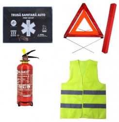 Kit obligatoriu pentru siguranta auto conform codului rutier - 1 x Stingator cu pulbere 1 x triunghi reflectorizant 1 X trusa medicala 1 
