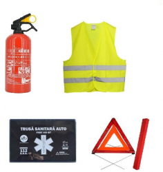 Kit siguranta auto certificat R.A.R. cu valabilitate 5 ani - 2 triunghiuri trusa medicala vesta stingator 