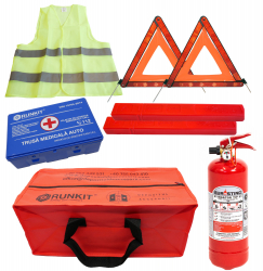 Kit siguranta auto certificat RAR 1 trusa sanitara DIN13164 1 stingator pulbere ABC 1kg 2 triunghiuri reflectorizante 1 vesta reflectori 