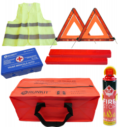 Kit siguranta auto contine extinctor tip spray trusa medicala certificata RAR si avizata MS 2 x triunghi reflectorizant vesta reflectori