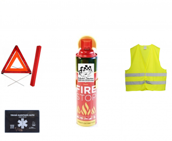 Kit siguranta auto Motor Starter&trade - valabilitate 5 ani 2025 - Trusa prim ajutor 1 x Triunghi Stingator Vesta reflectorizanta 