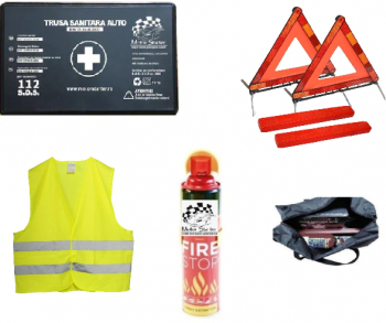 Kit siguranta auto - spray extinctor trusa medicala 2 x triunghi reflectorizant vesta reflectorizanta geanta omologat RAROM 