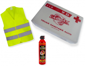 Kit siguranta auto TopAutoShop omologat R.A.R cu valabilitate 5 ani 1x Stingator Tip Spray 1000ml 1x Trusa Medicala Valabilitate 5 ani 1x 