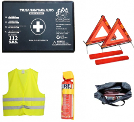 Kit siguranta auto valabilitate 5 ani 1x Trusa prim ajutor omologata ANMDMR si RAROM 2 xTriunghiuri E27R 1x Stingator tip spray 1000ml 1