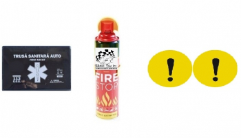 Kit siguranta rutiera Motor Starter&trade 5 ani valabilitate Trusa medicala auto prim ajutor + Stingator auto tip spray 1000 ml semn ince 