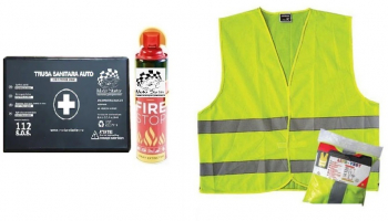 Kit siguranta rutiera Motor Starter&trade 5 ani valabilitate Trusa medicala auto prim ajutor + Stingator auto tip spray 1000 ml vesta ref 