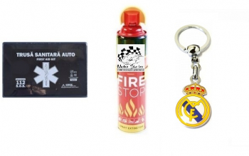 Kit siguranta rutiera Motor Starter&trade 5 ani valabilitate Trusa medicala auto prim ajutor + Stingator auto tip spray 1000 ml breloc ot 