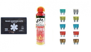 Kit siguranta rutiera Motor Starter&trade 5 ani valabilitate Trusa medicala auto prim ajutor + Stingator auto tip spray 1000 ml set sigur 