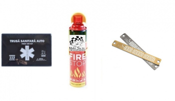 Kit siguranta rutiera Motor Starter&trade 5 ani valabilitate Trusa medicala auto prim ajutor + Stingator auto tip spray 1000 ml placa num 