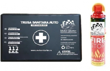 Kit siguranta rutiera Motor Starter&trade 5 ani valabilitate Trusa medicala auto prim ajutor + Stingator auto tip spray 1000 ml 