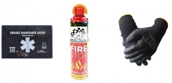 Kit siguranta rutiera Motor Starter&trade 5 ani valabilitate Trusa medicala auto prim ajutor Stingator auto tip spray 1000 ml manusi pro 