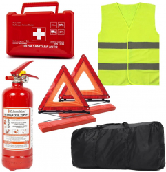 Pachet Auto Complet Omologat RAR pentru Siguranta Rutiera - Stingator P1 Trusa Medicala 2x Triunghiuri Reflectorizante Vesta si Geanta De